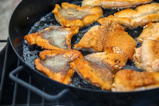 Tasty looking pan fried lake trout in cast iron skillet