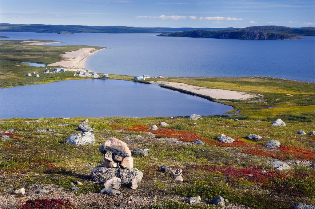 Landscape and lake with lodge