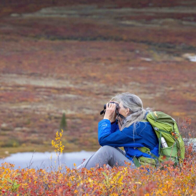 Woman looking through a pair of binoculars wearing a backpack barrenlands in the background