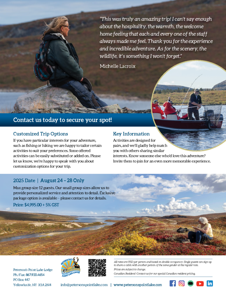 Person sitting on a rock overlooking stunning scenery, two happy anglers in a boat and guide helping the land a fish  and an artist perched on the ground, with notepad in hand, looking at the spectacular fall coloured landscape and lake