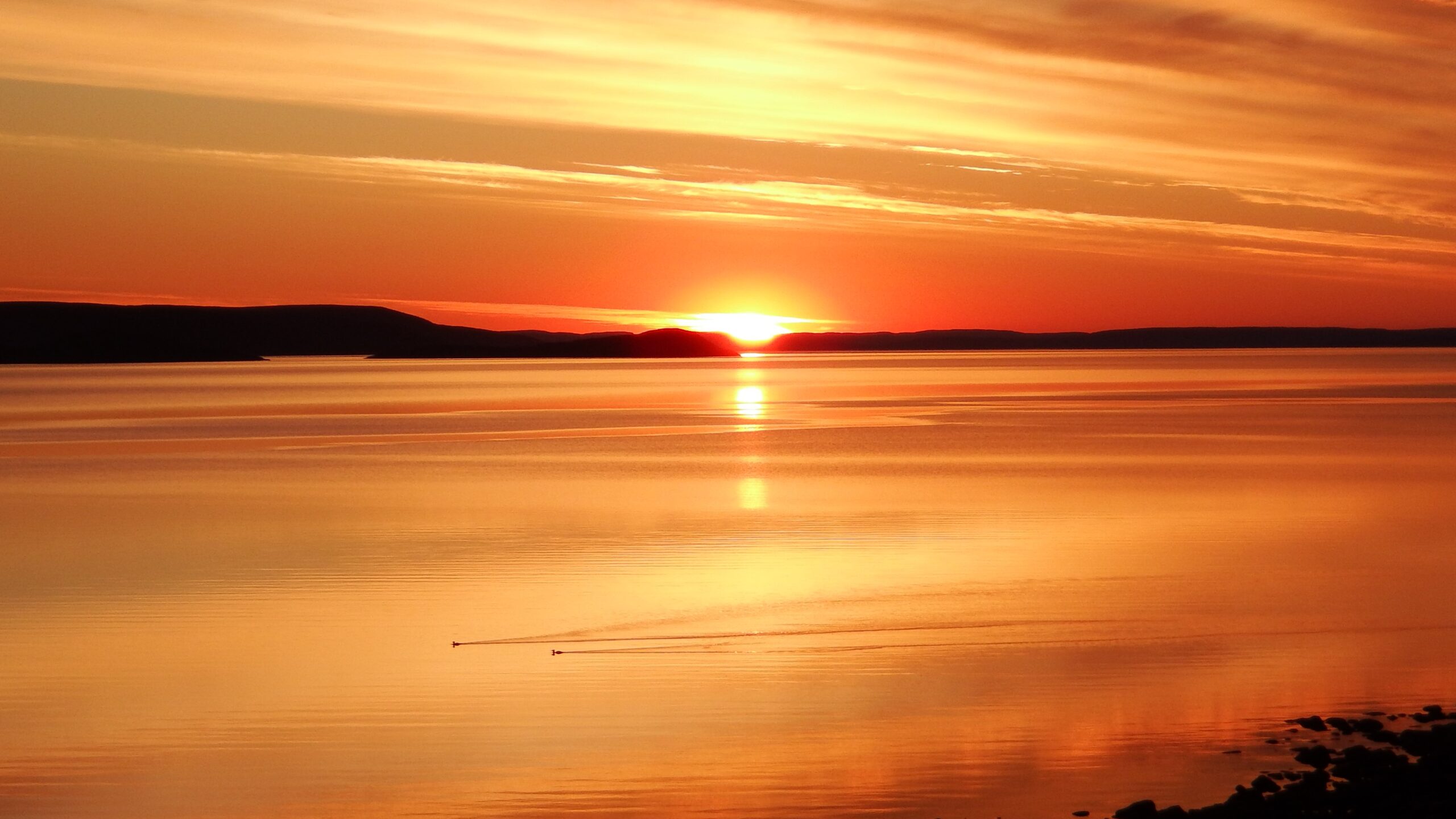 Spectacular lakeside sunrise with two waterfowl gliding across the water leaving trails behind them